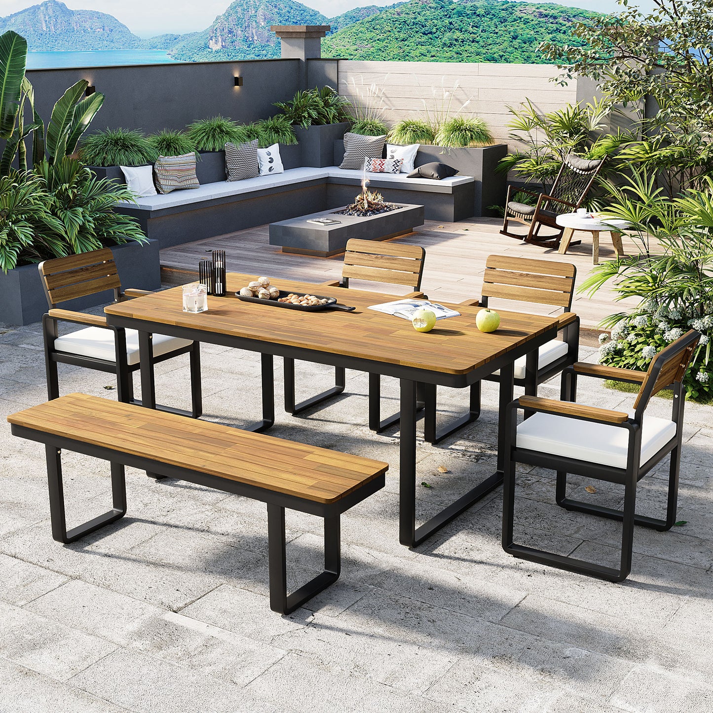 6-Piece Outdoor Dining Set, Acacia Wood, 1 Table With 4 Chairs &