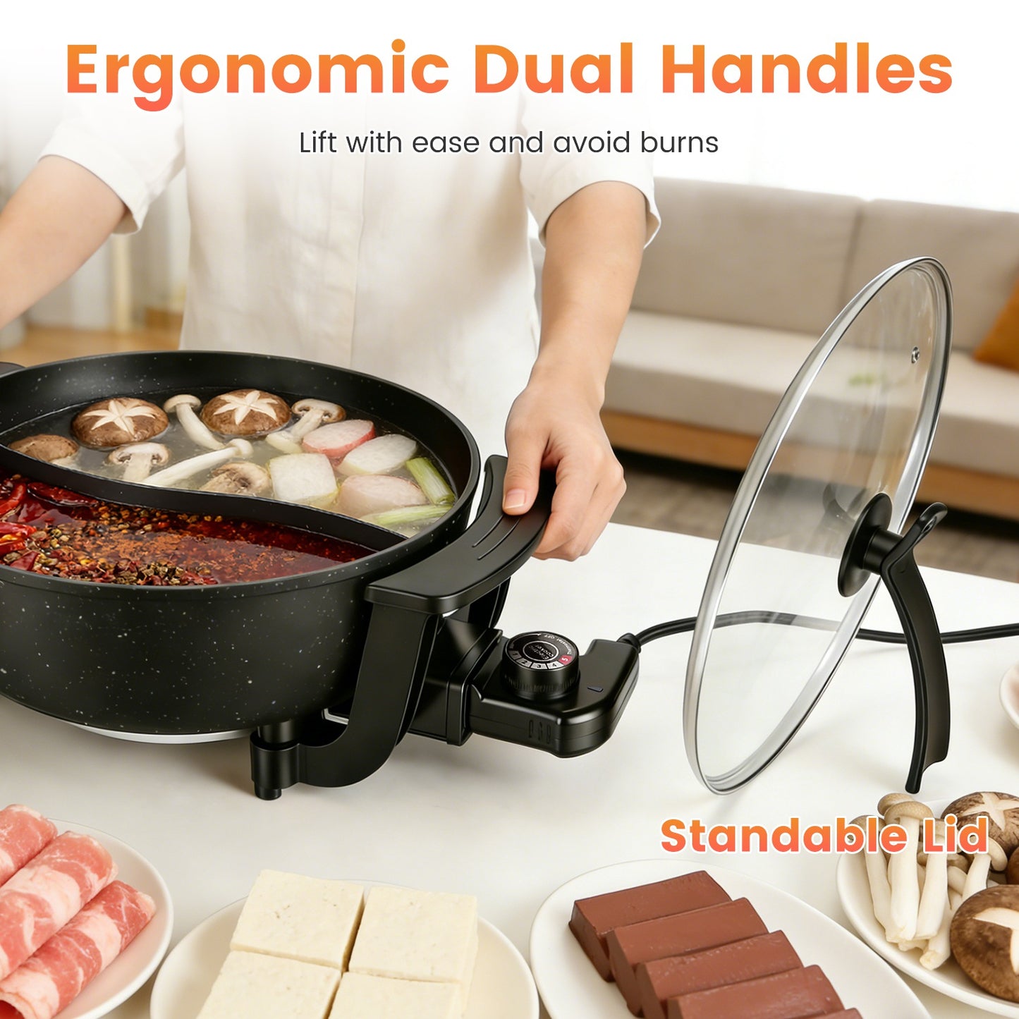6L Electric Hot Pot with Divider, 1100W, 5-Temp Control, Non-Stick, Black