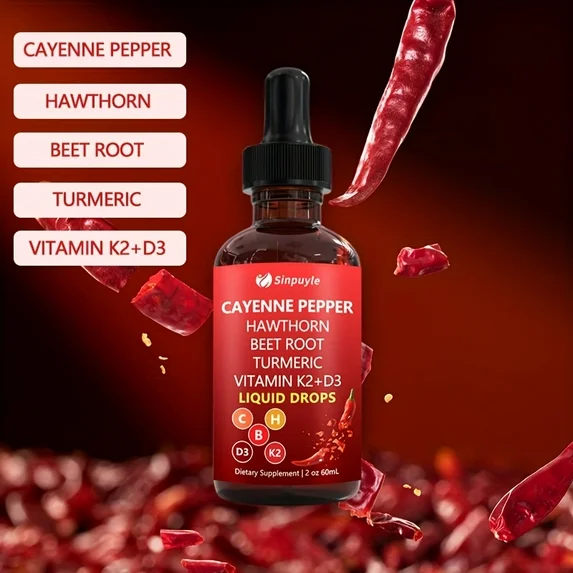 Cayenne Pepper Hawthorn Beet Root Turmeric Liquid Drops with Vitamin D3 & K2