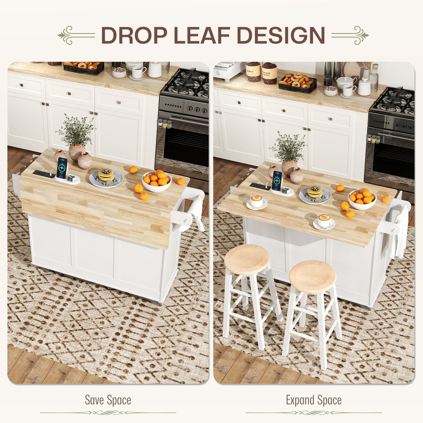 Rolling Kitchen Island with Drop Leaf & Charging Station - White