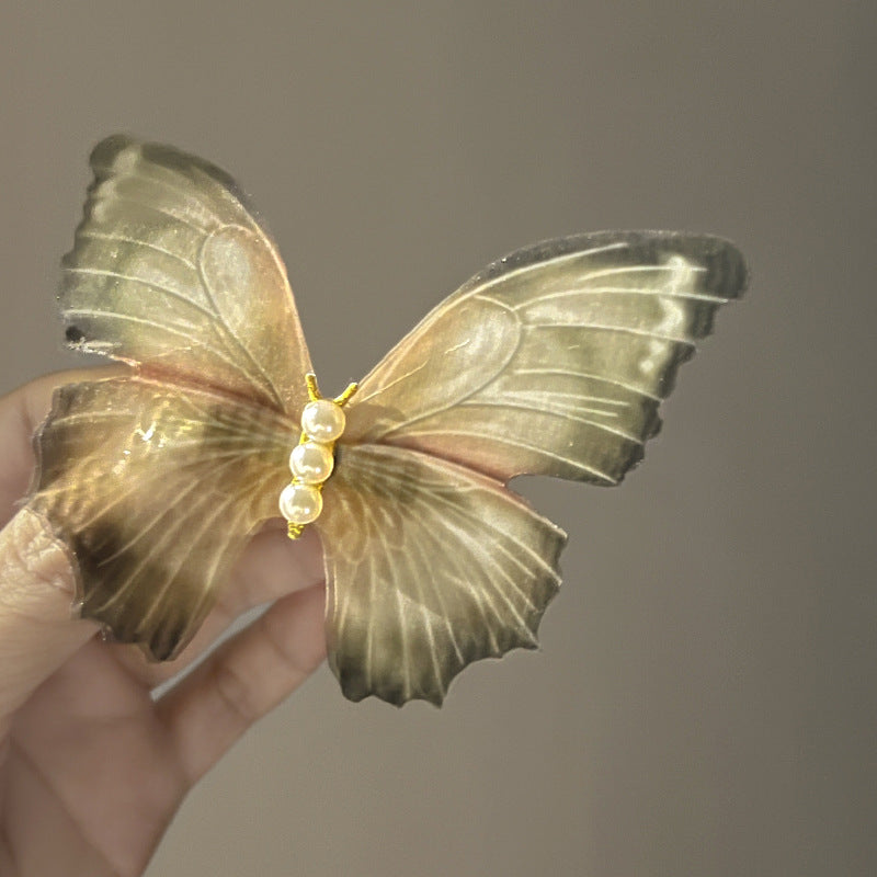 Mesh Pearl Butterfly Barrettes Duckbill Clip - Green (2pc)