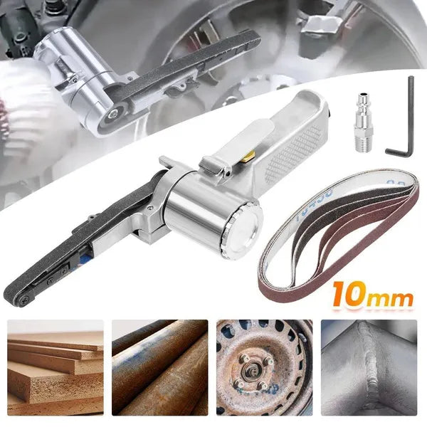 10mm Pneumatic Belt Sander - Handheld Air-Powered Grinder Polisher with 5 Belts