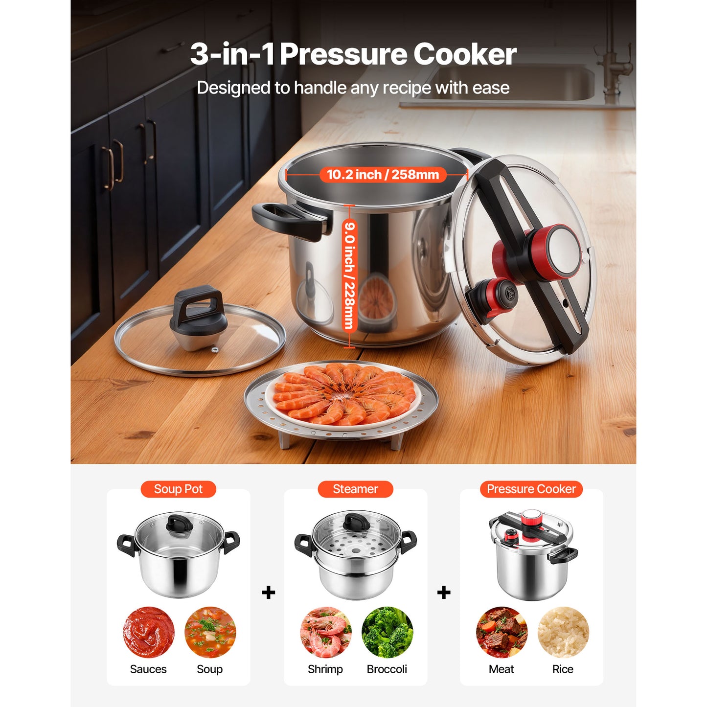 12Qt Stainless Steel Pressure Cooker with Steaming Rack & Glass Lid