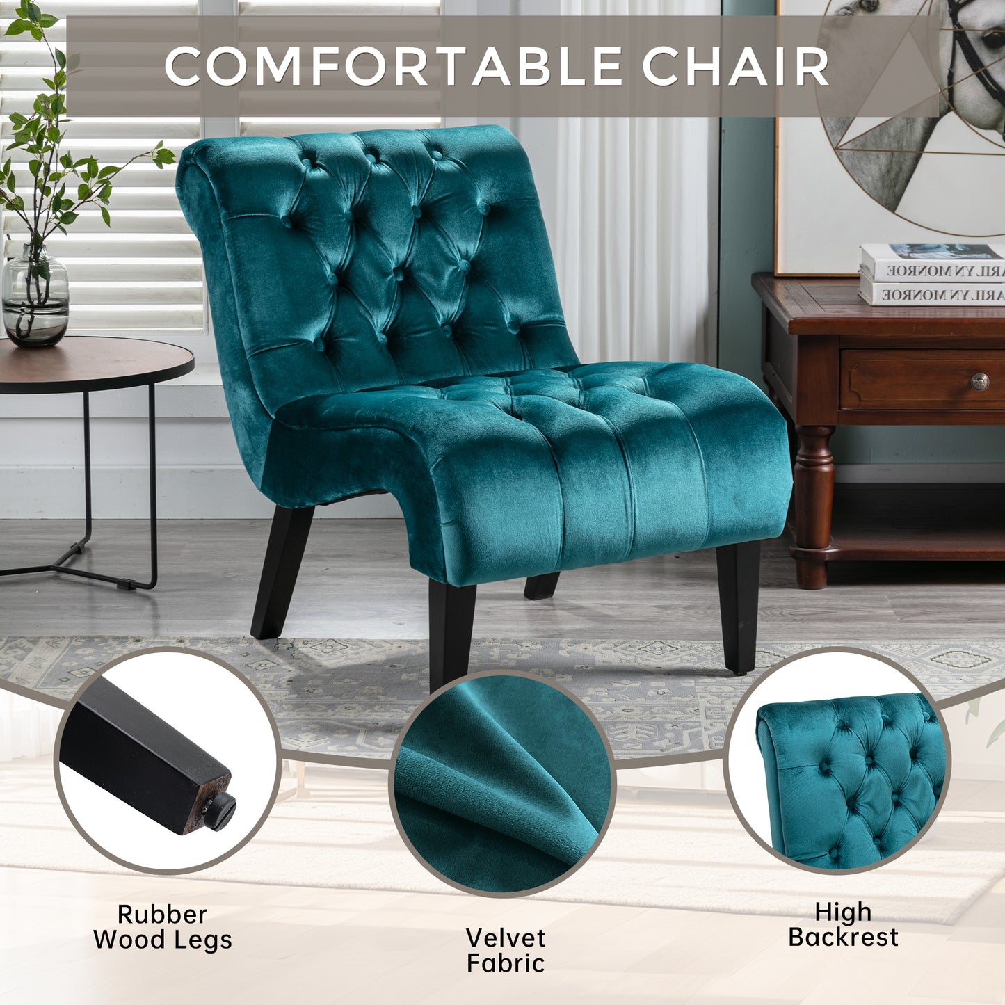 Teal Velvet Armless Accent Chair - Comfortable Upholstered Living Room Chair