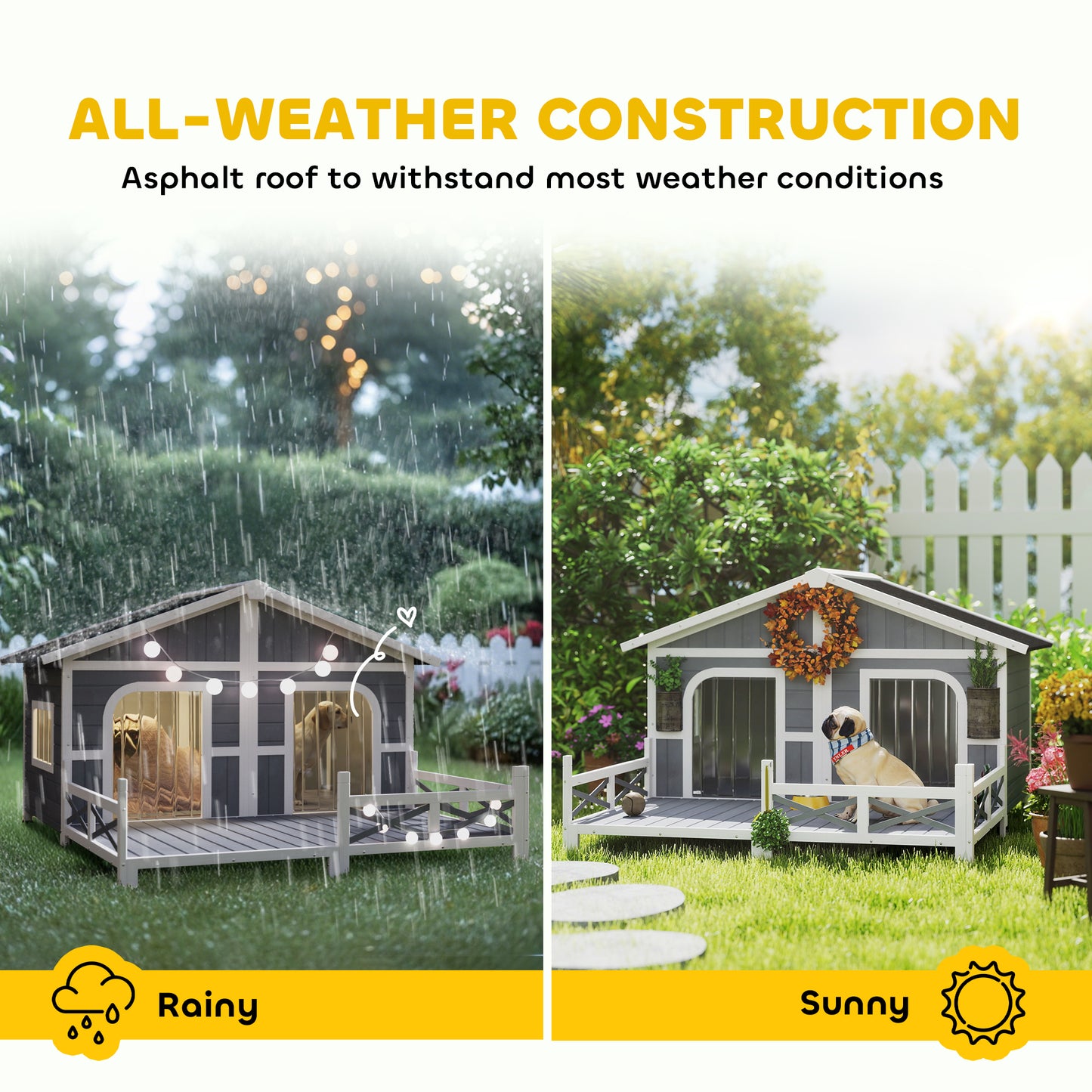 Outdoor Wooden Dog House with Porch & Double Room - Weatherproof Pet Shelter