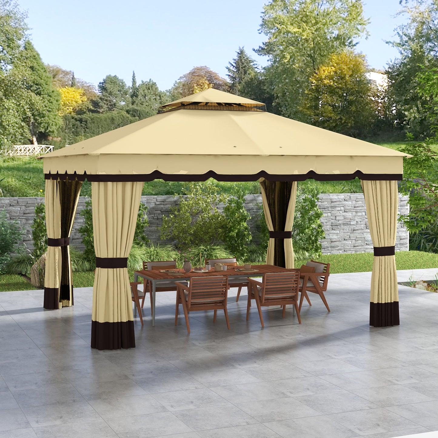 10x12 Double Roof Patio Gazebo Canopy with Netting & Curtains - Beige