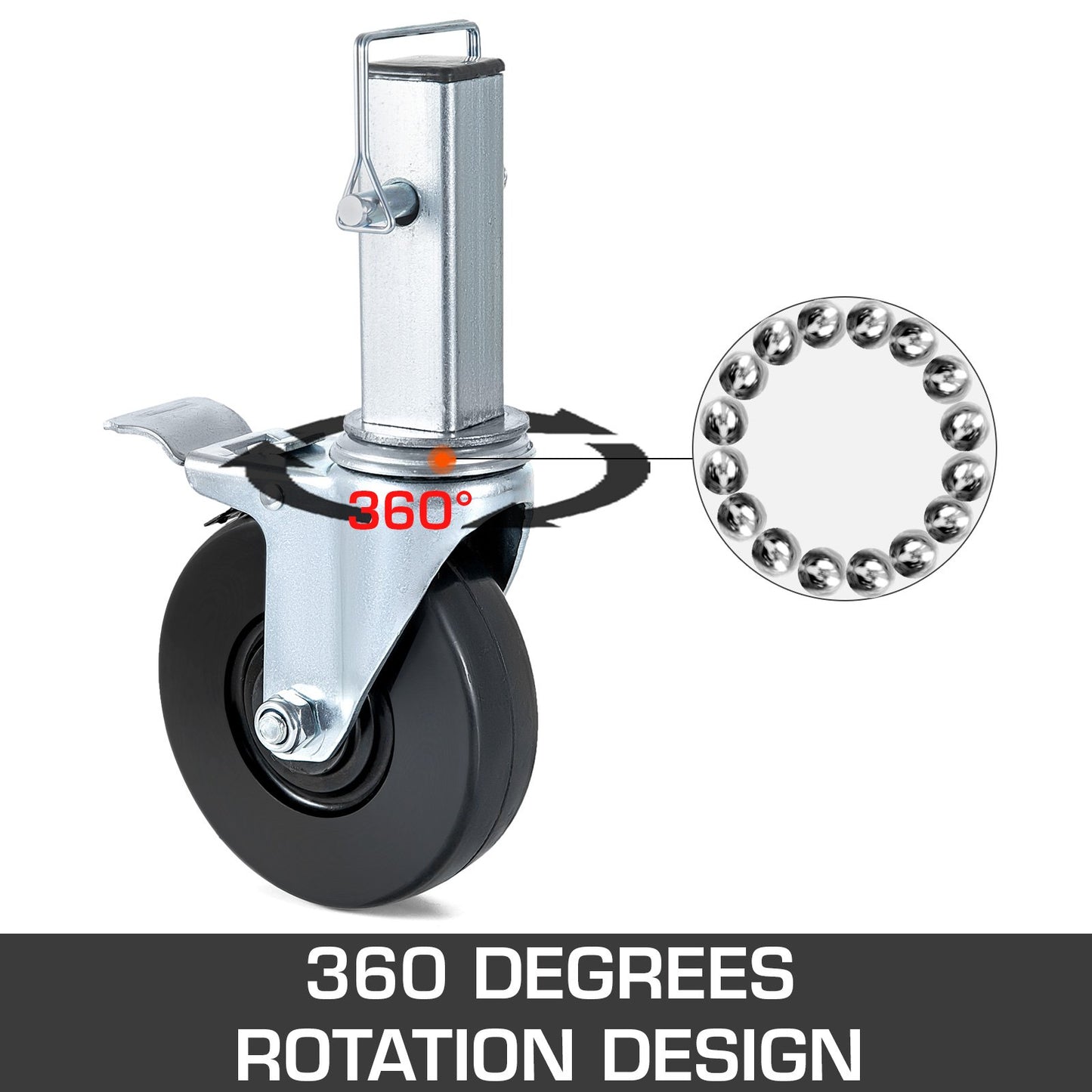 Heavy Duty Swivel Caster Wheels Set with Locking - 4 Pack, 5 Inch Rubber Casters, 1.25 Inch Square Stem, 440LBS Capacity