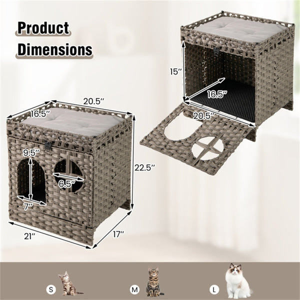 Gray Wicker Cat Condo with Litter Mat & Detachable Cushion - Hidden Enclosure