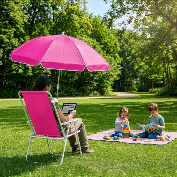 Folding Beach Chair with Detachable Umbrella - XL Size, Pink