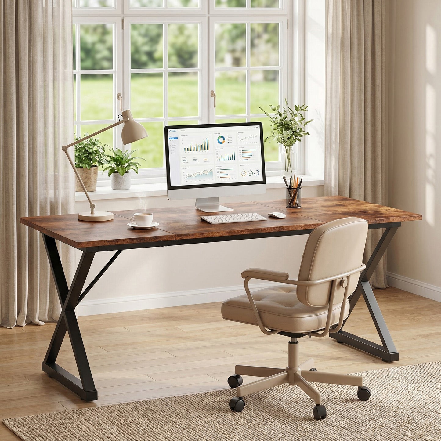 Executive Wooden Computer Desk - Ergonomic Writing Table with Metal Legs