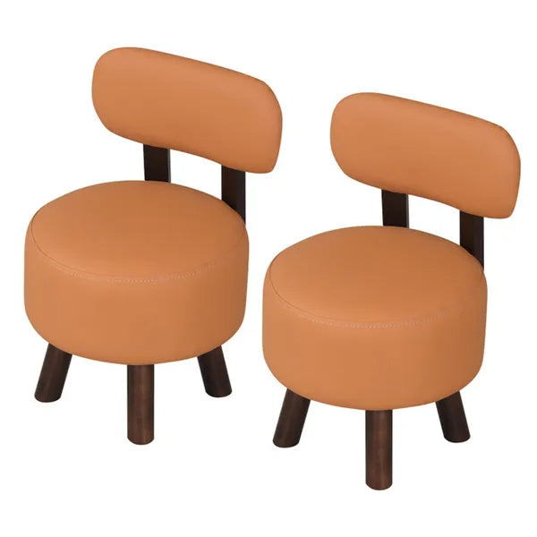 2-Piece Small Orange Footstools - Faux Leather & Rubber Wood