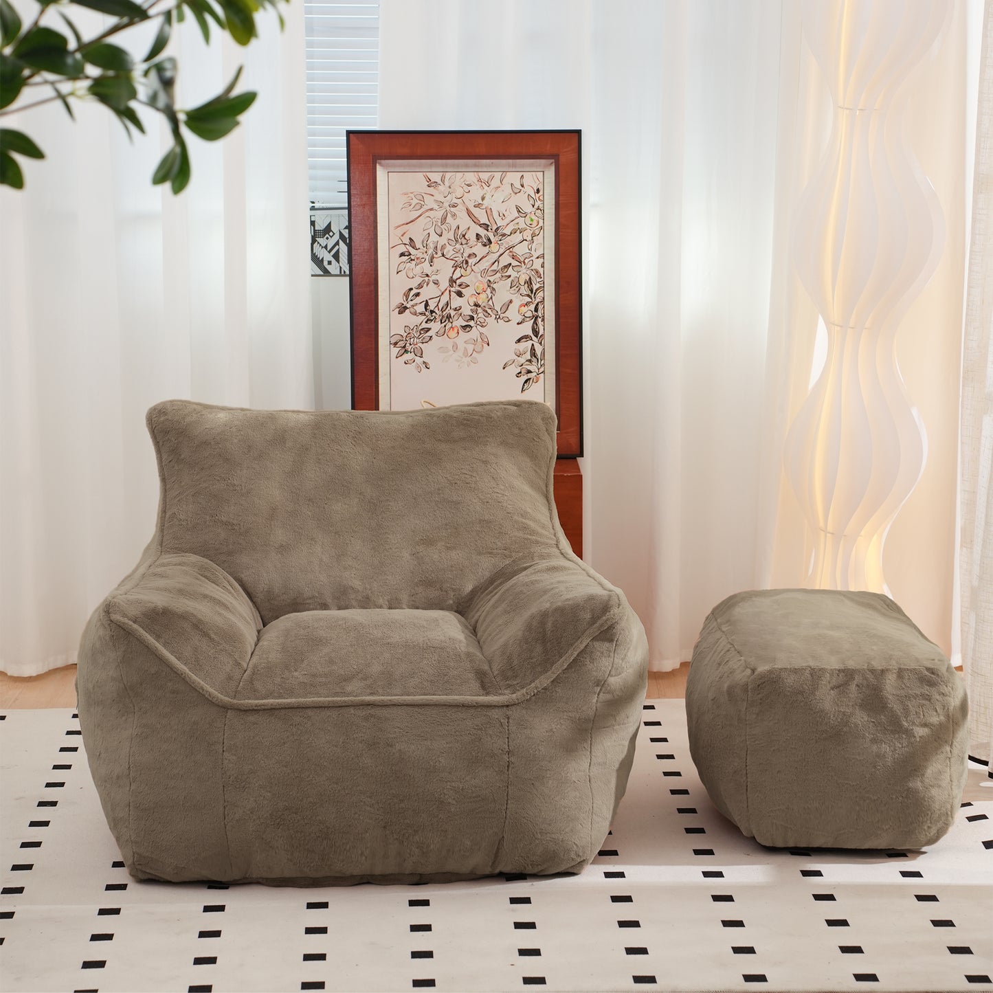 Soft Tufted Foam Bean Bag Chair with Faux Fur - Light Coffee