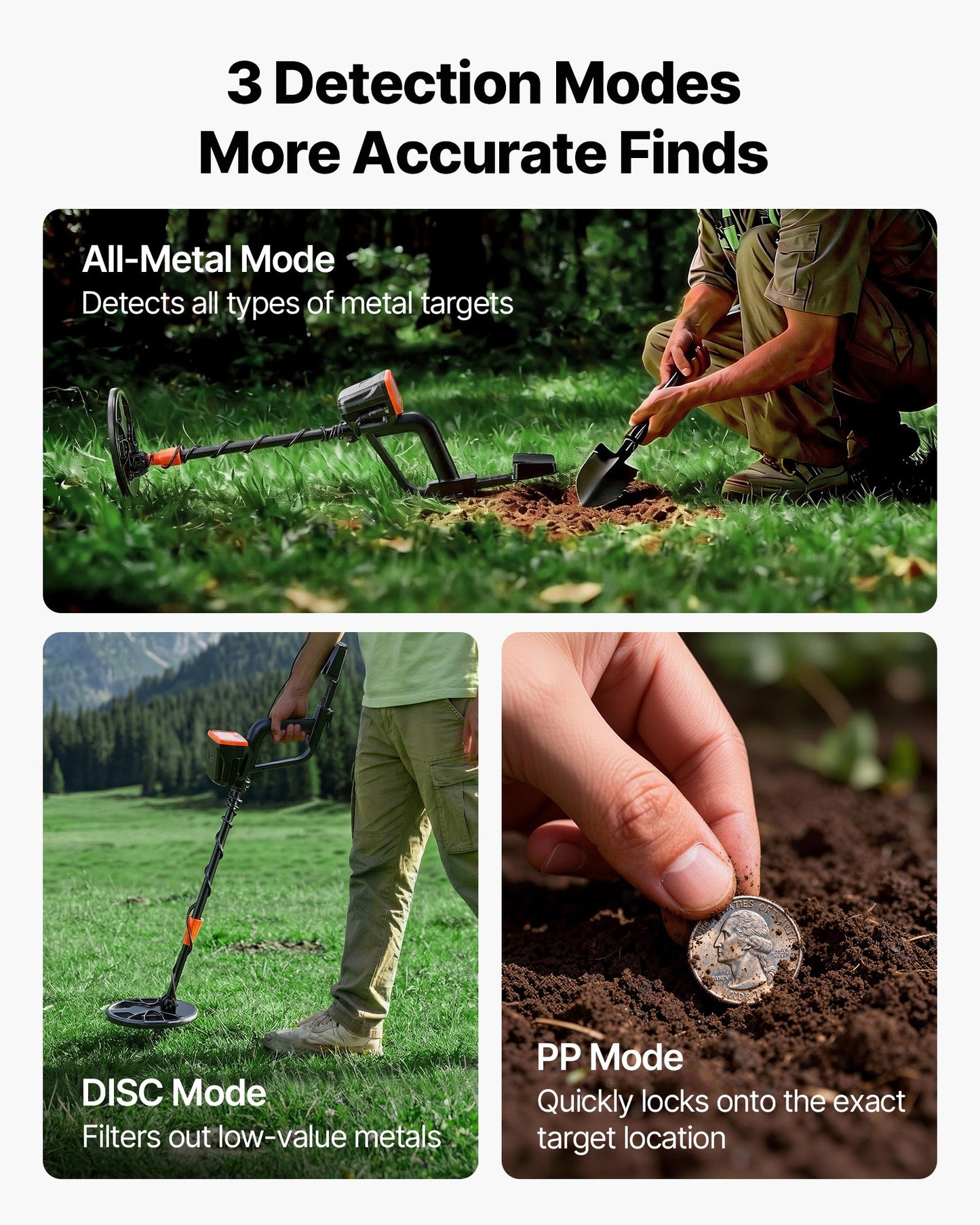 Adult Metal Detector with Waterproof Search Coil, Headphones & 3 Modes - Gold & Treasure Hunting
