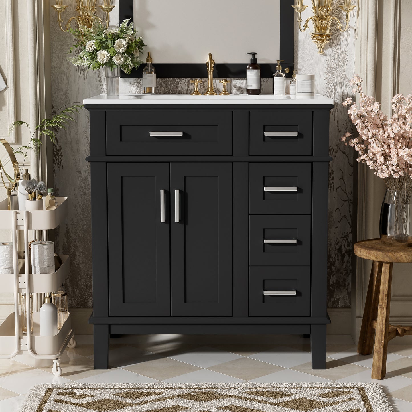 30" Black Bathroom Vanity with Ceramic Sink & Soft-Close Doors