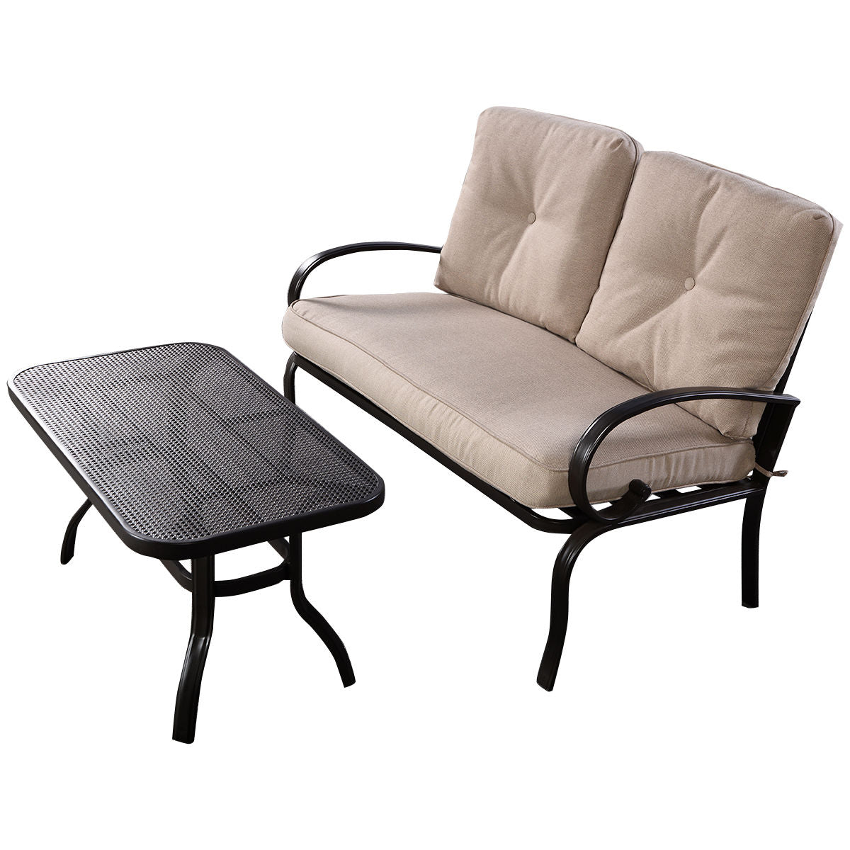 2-Piece Outdoor Cushioned Loveseat and Coffee Table Set - Beige