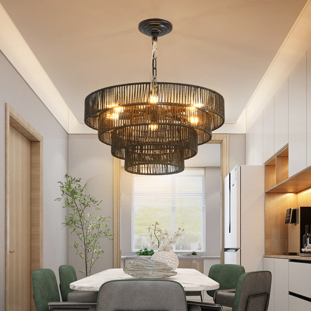 Rustic 4-Tier Hemp Rope Pendant Light Fixture with 6 E12 Sockets