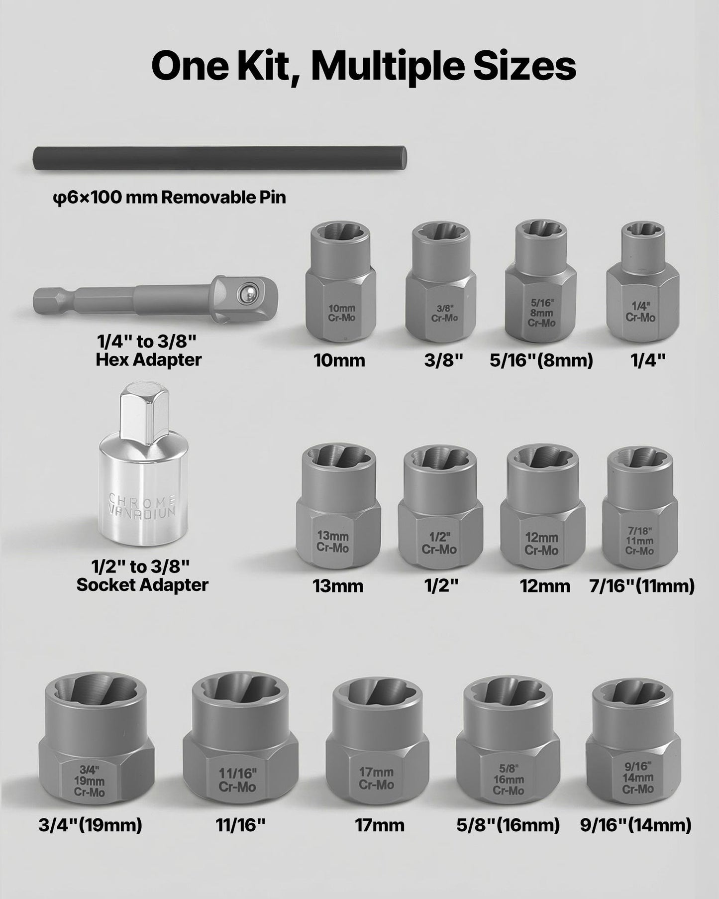 Impact Bolt Extractor Kit 16 Pieces with Adapters - Rusted & Rounded Fastener Remover