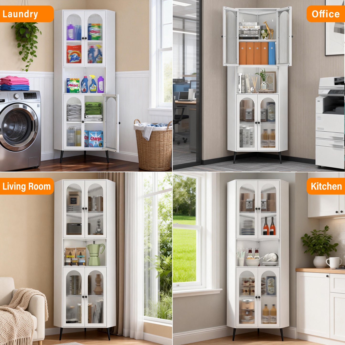 73'' White Metal Corner Storage Cabinet with Adjustable Shelves