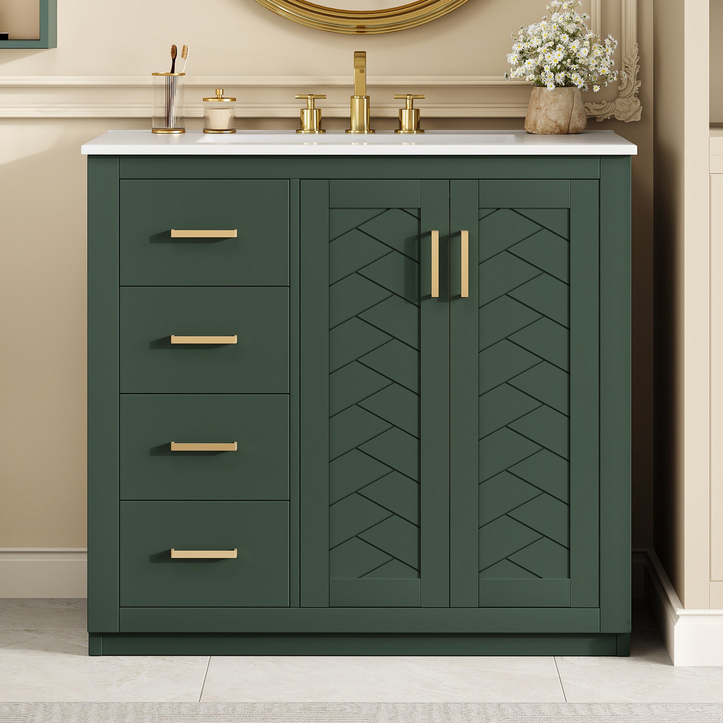 36-Inch Green Bathroom Vanity with Ceramic Sink & Storage Cabinet