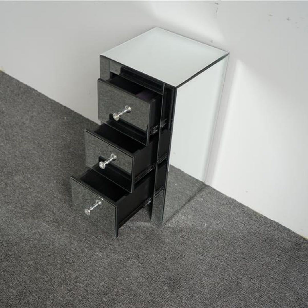 Mirrored Glass Bedside Table with 3 Drawers - Silver