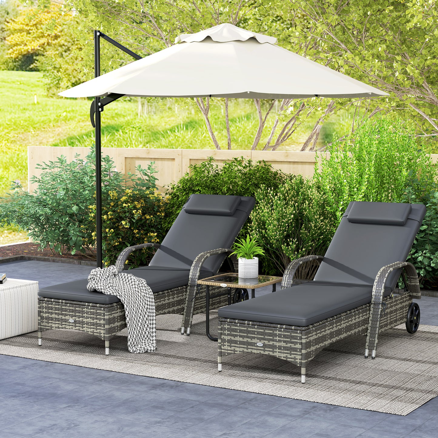 2 Reclining Chaise Lounge Chairs with Cushions and Wheels - Gray