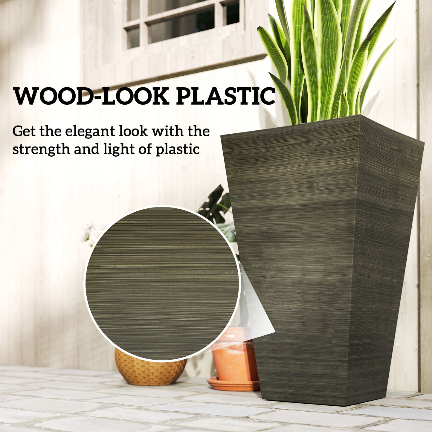 Set of 3 Tall Outdoor Planters 28 Inch Faux Wood Flower Pots with Drainage