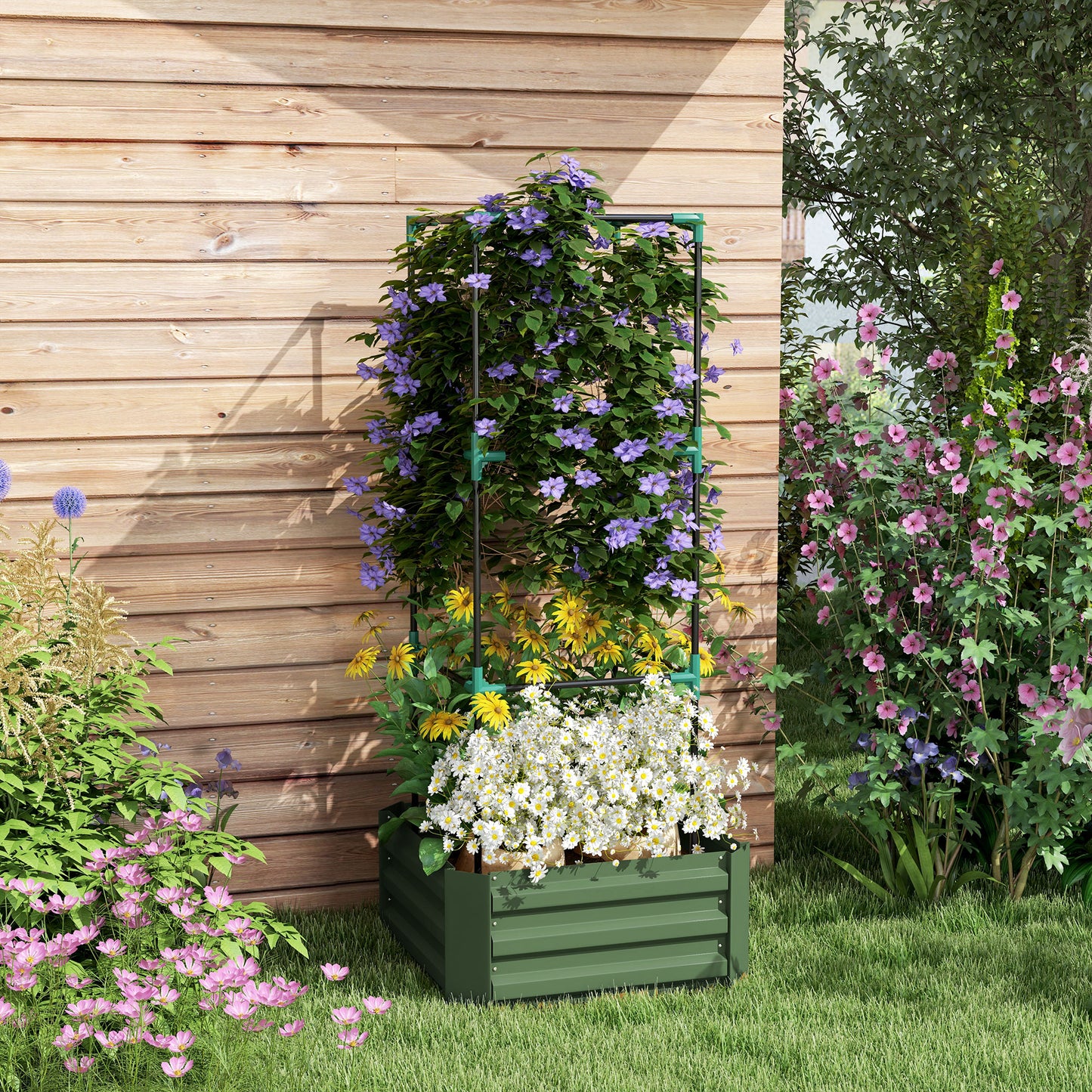 Galvanized Raised Garden Bed with Tomato Cage - 24x24x55 inches, Green