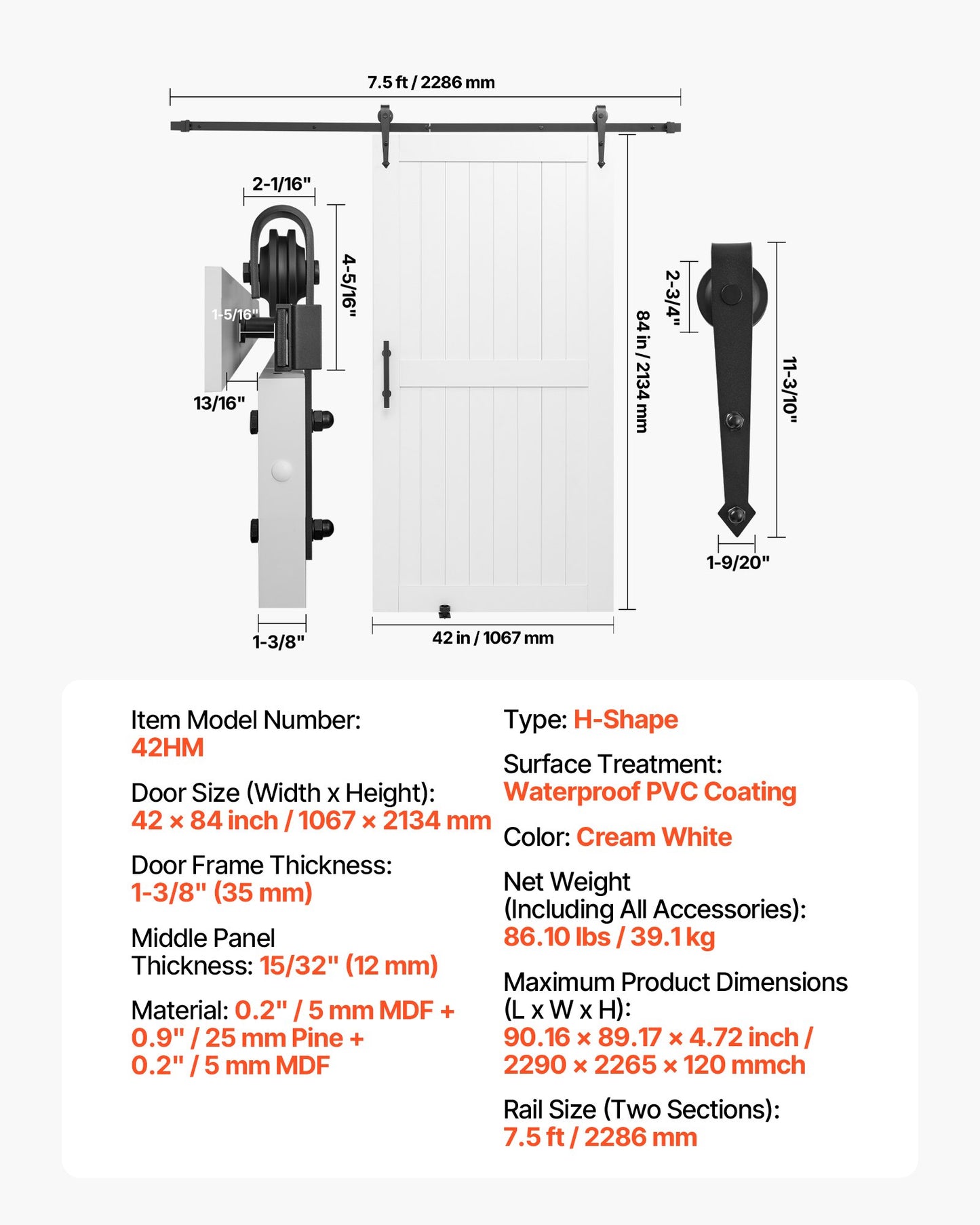 42x84 Inch Sliding Barn Door with Hardware Kit, Waterproof MDF Panel, Easy Installation