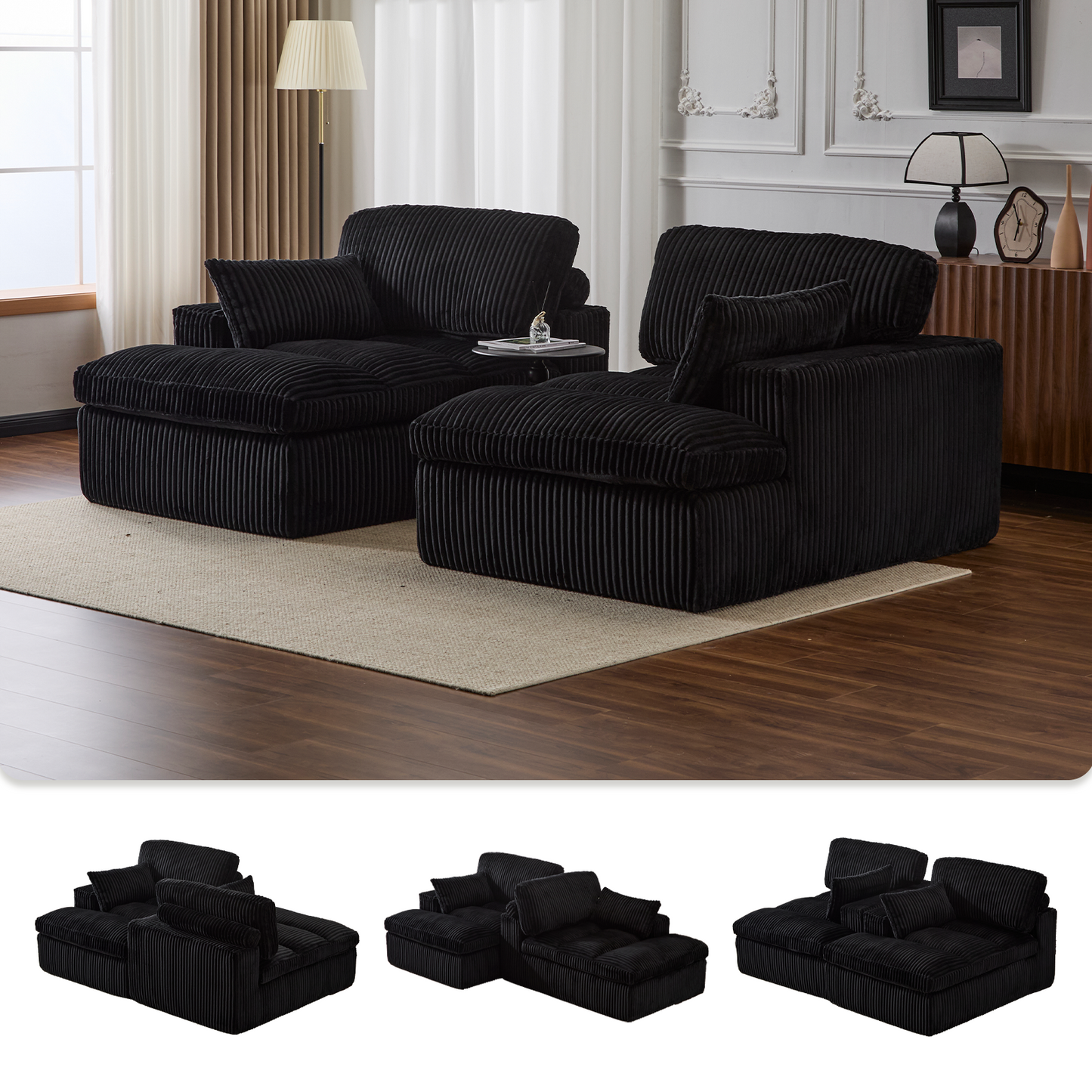 Oversized Double Chaise Lounge Chair - Black Corduroy Sofa Bed