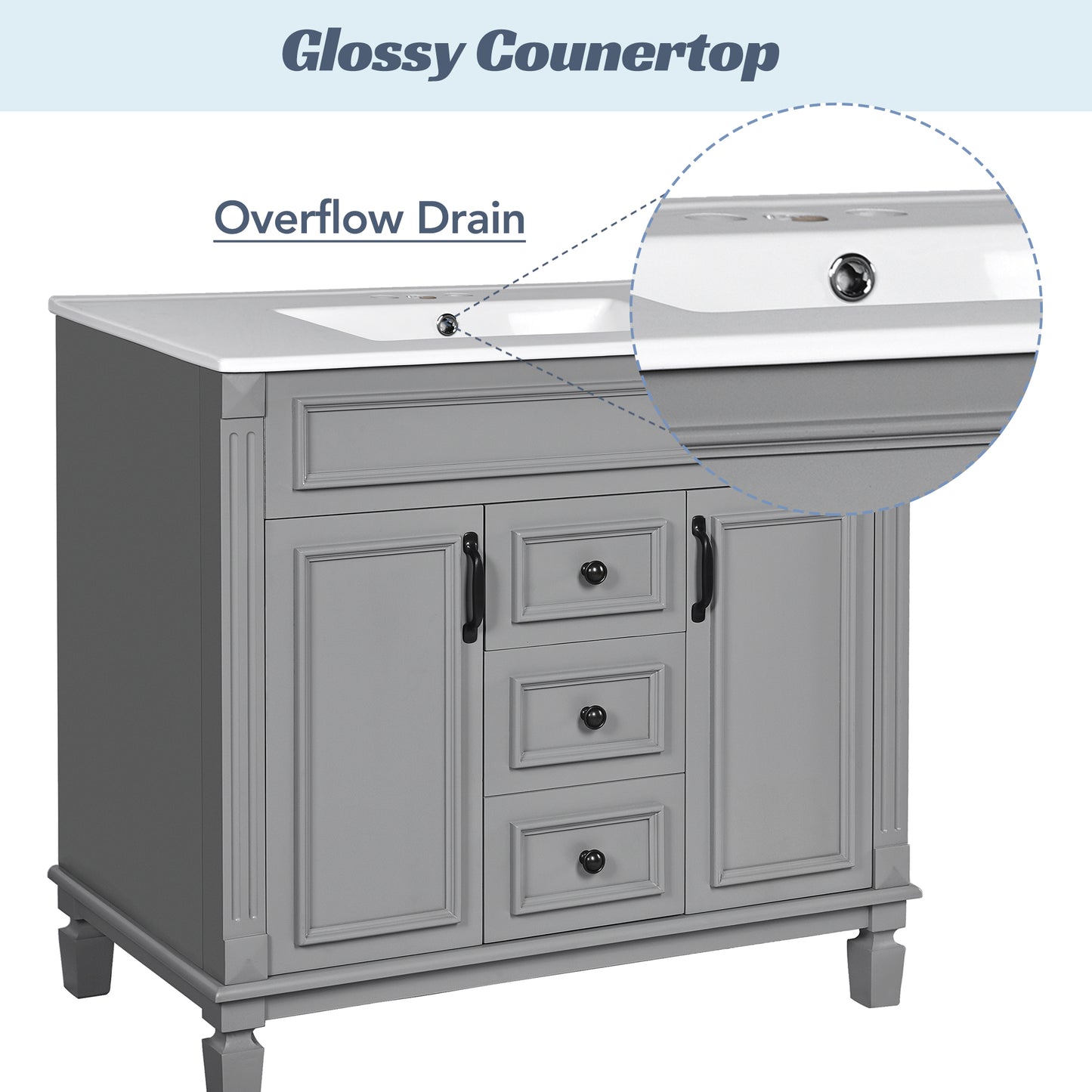 36-Inch Modern Bathroom Vanity with Top Sink - Grey