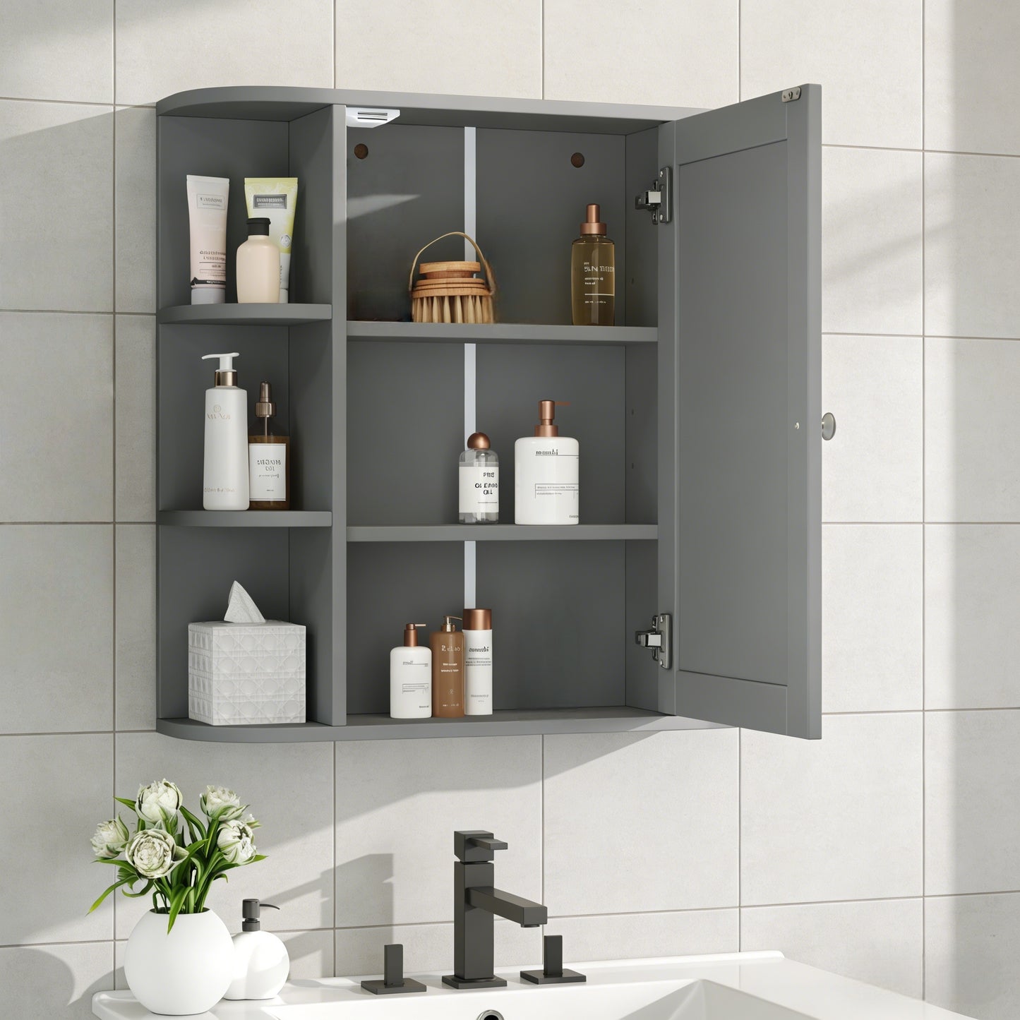 Bathroom Wall Storage Cabinet with Mirror & Adjustable Shelves - Gray