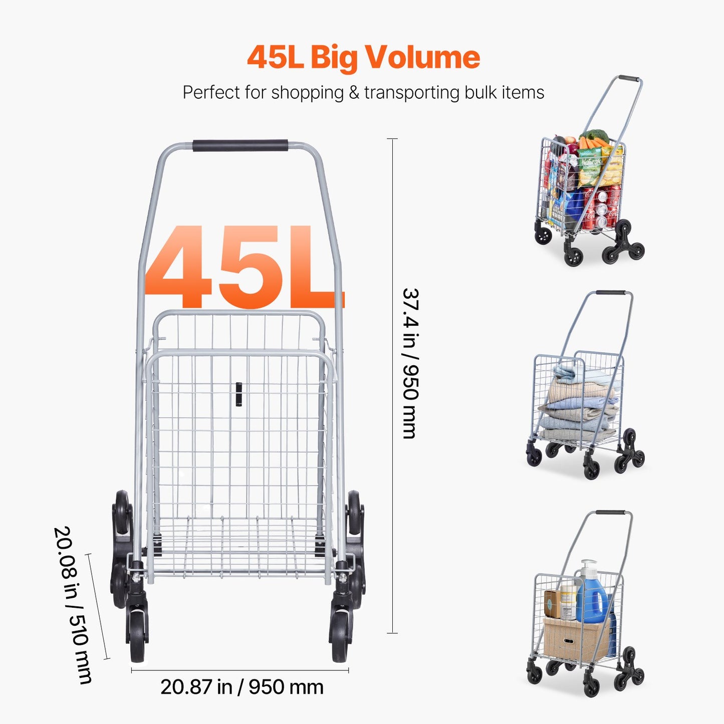 Foldable Stair Climbing Shopping Cart 45L with Wheels for Heavy Loads