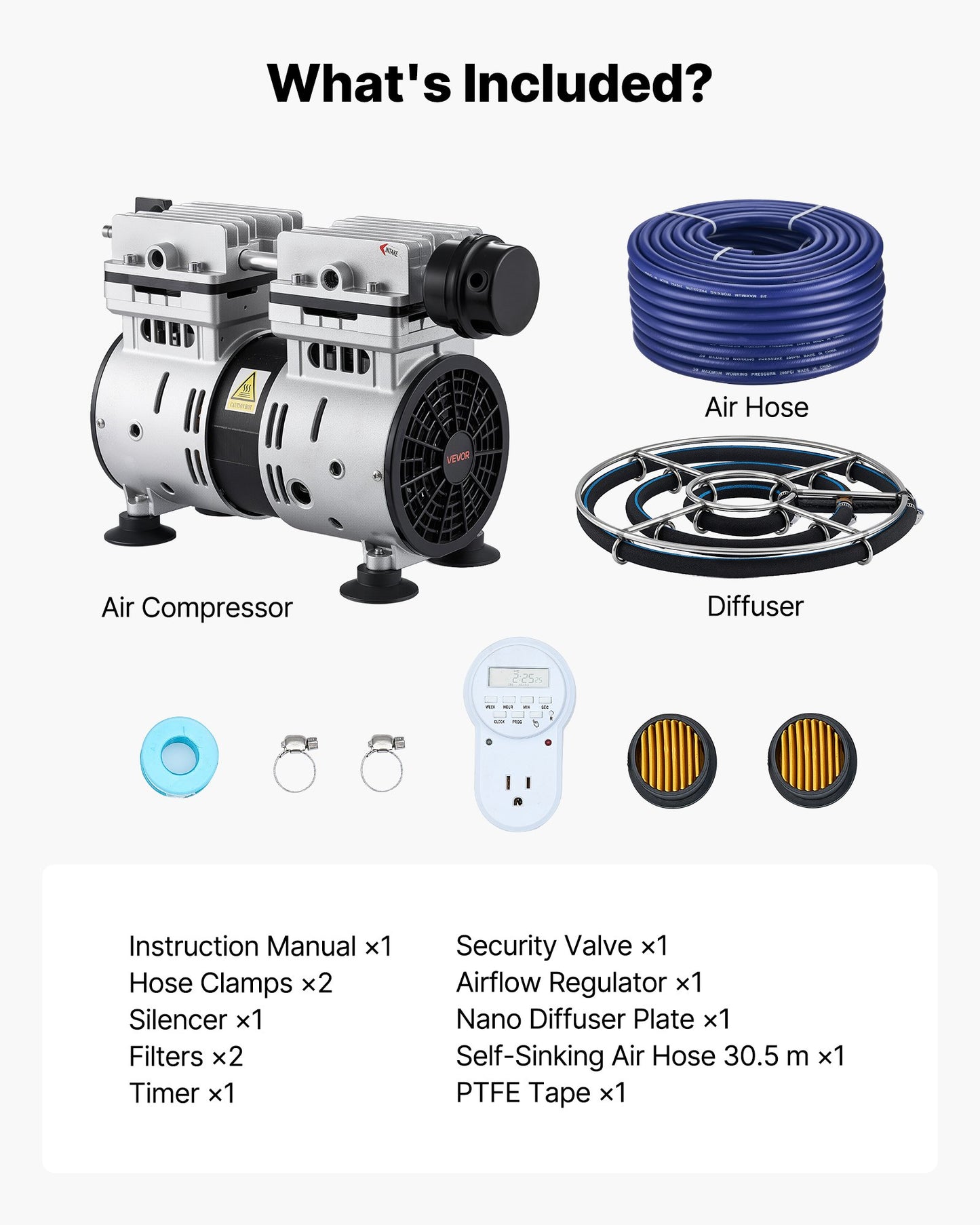 Pond Aerator System for 3 Acres - 5.2 CFM, 3/4 HP Air Compressor, Diffuser & 100ft Tubing