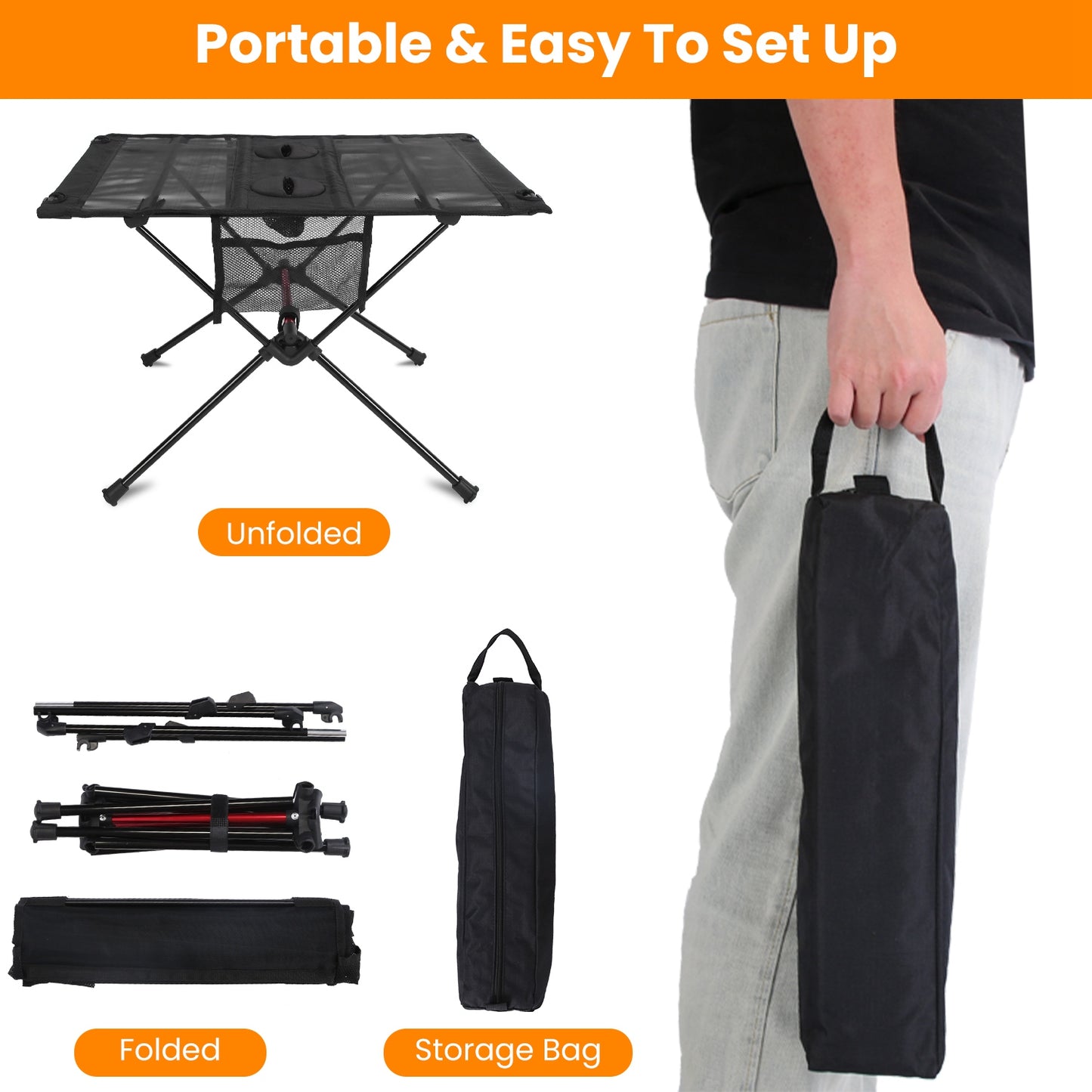 Portable Folding Camping Table with Cup Holders & Storage Bag - Black