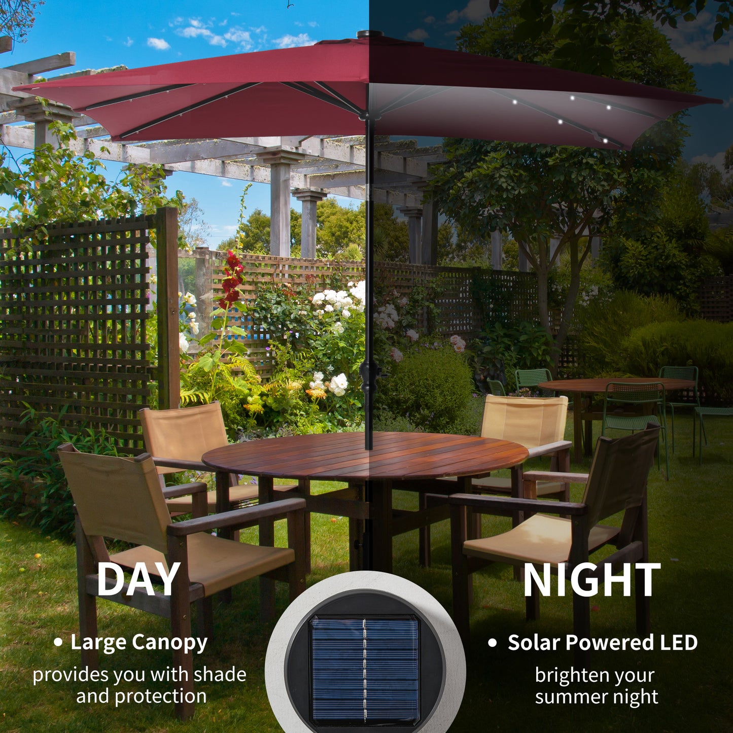Solar LED Lighted Patio Umbrella - Wine Red, 9x7 ft with Tilt & Crank