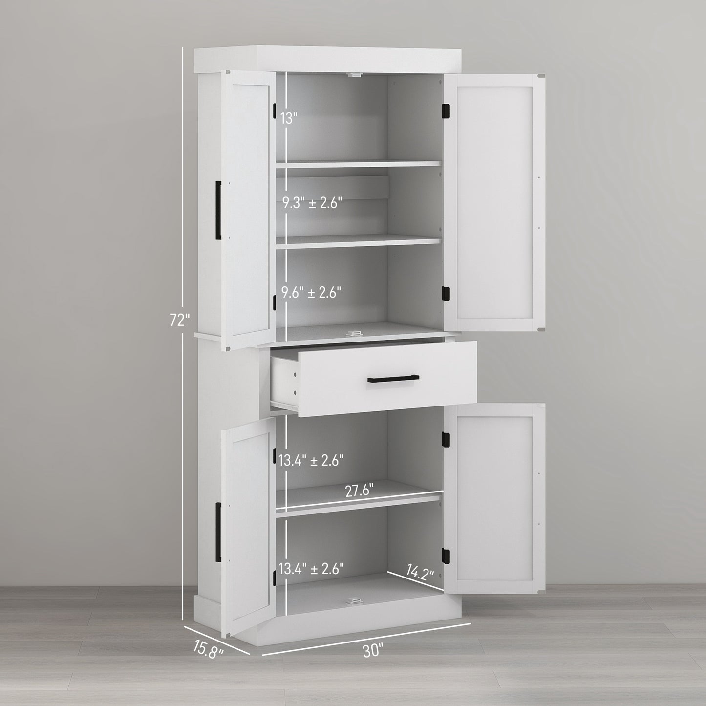72" Tall Kitchen Pantry Cabinet with Barn Doors & Adjustable Shelves - White