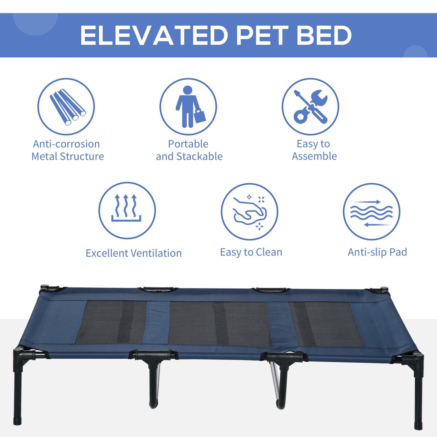 Elevated Dog Bed 48x36 Inches with Breathable Mesh & Carry Bag - Dark Blue