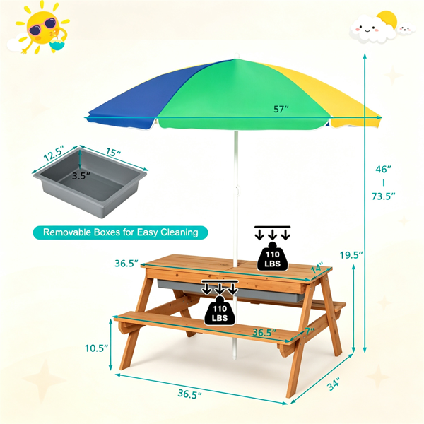 Kids Picnic Table with Adjustable Umbrella - 3-in-1 Sand & Water Play Set