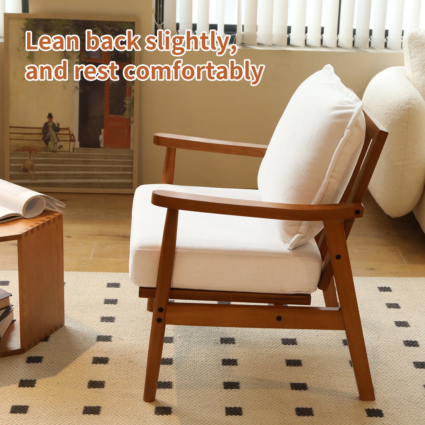 Accent Chair with Solid Wood Frame - White Fabric Cushion