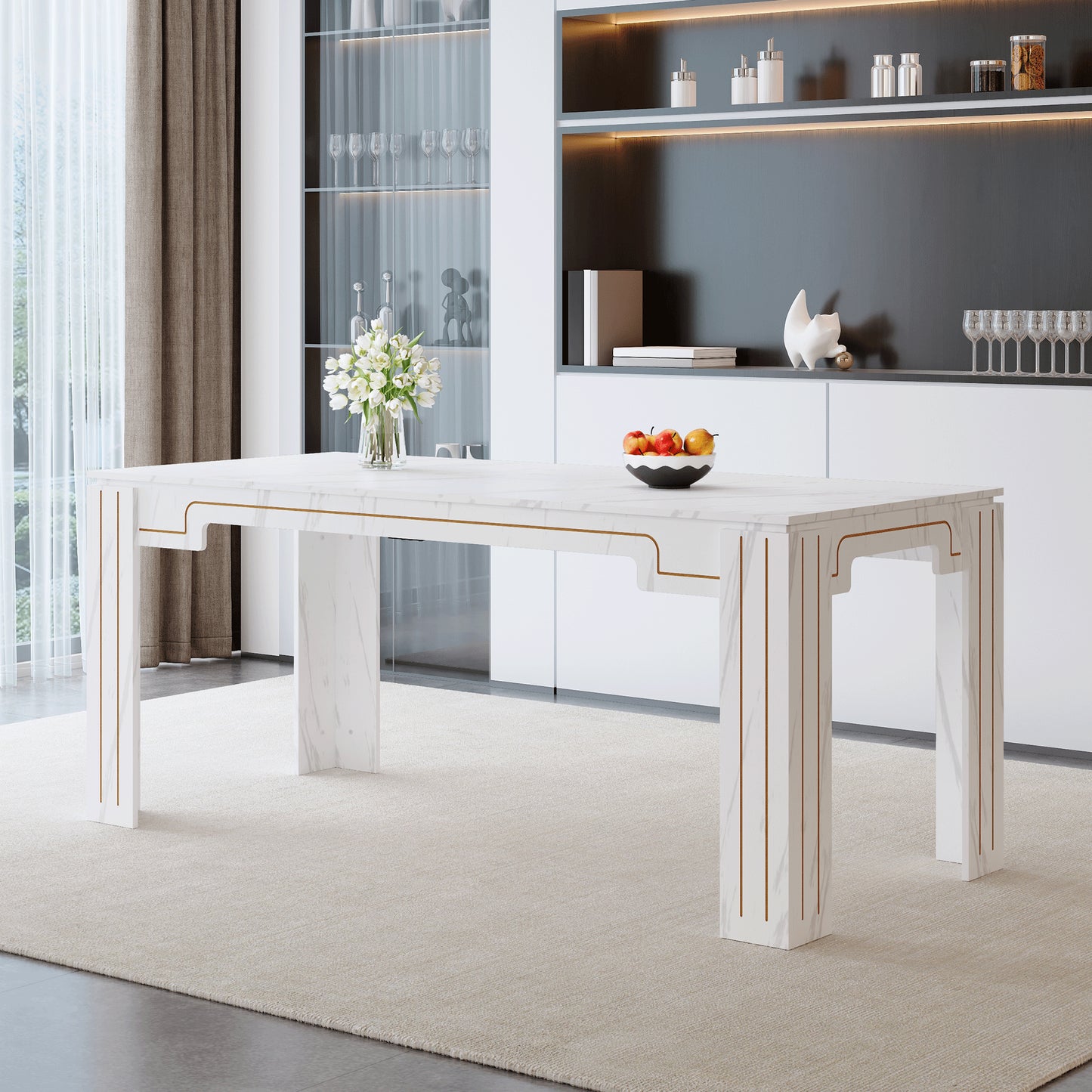 71 X 31.5 Inch White Marble Patterned MDF Spliced Tabletop Dining