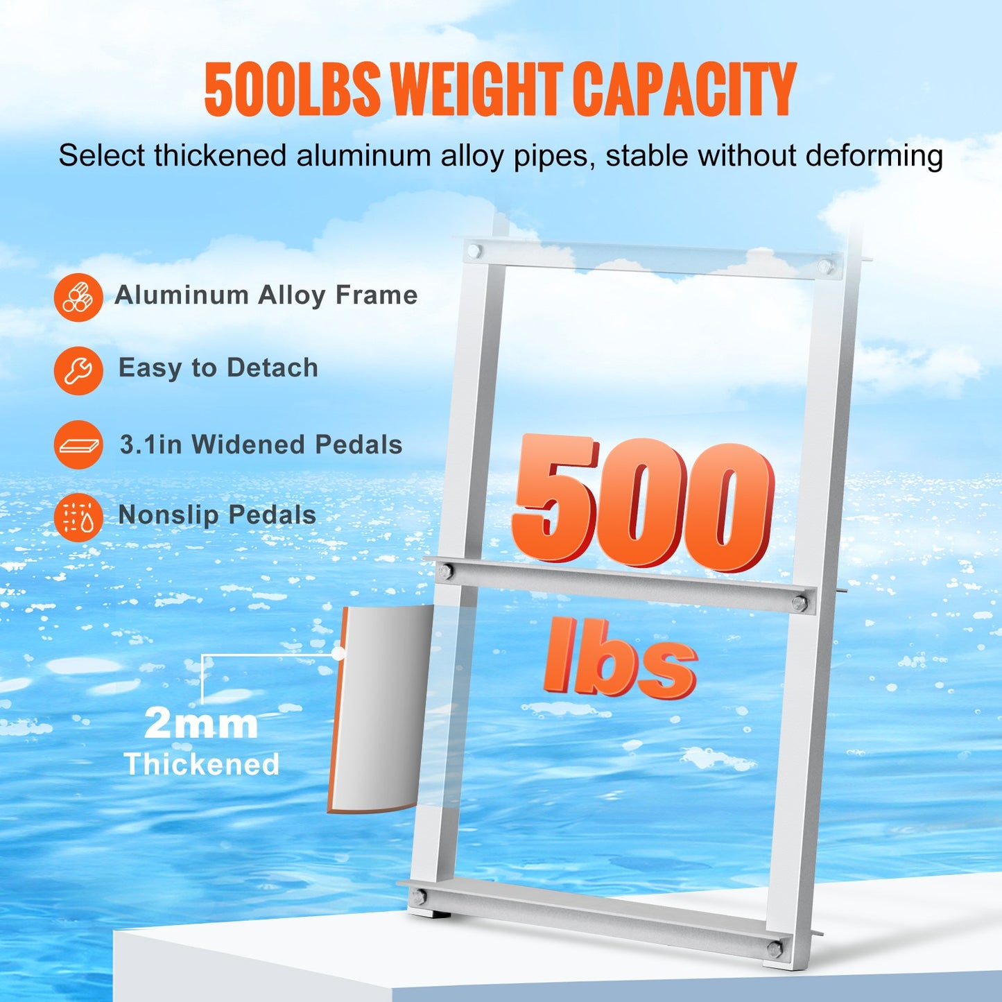 Removable Aluminum Dock Ladder with 5 NonSlip Steps, 500 lbs Capacity, Silver
