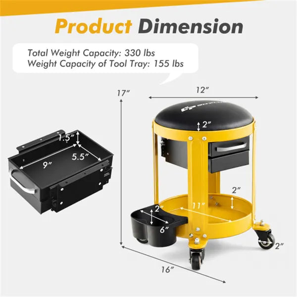 Rolling Workshop Creeper Seat with Padded Cushion & Drawers