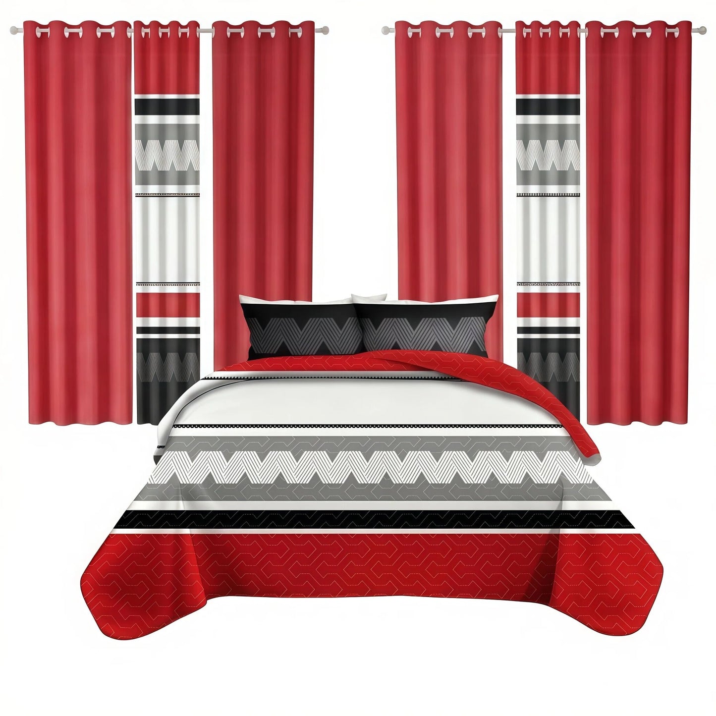 9-Piece Geometric Bedding and Curtain Set - Heavyweight Quilt & 6 Panels