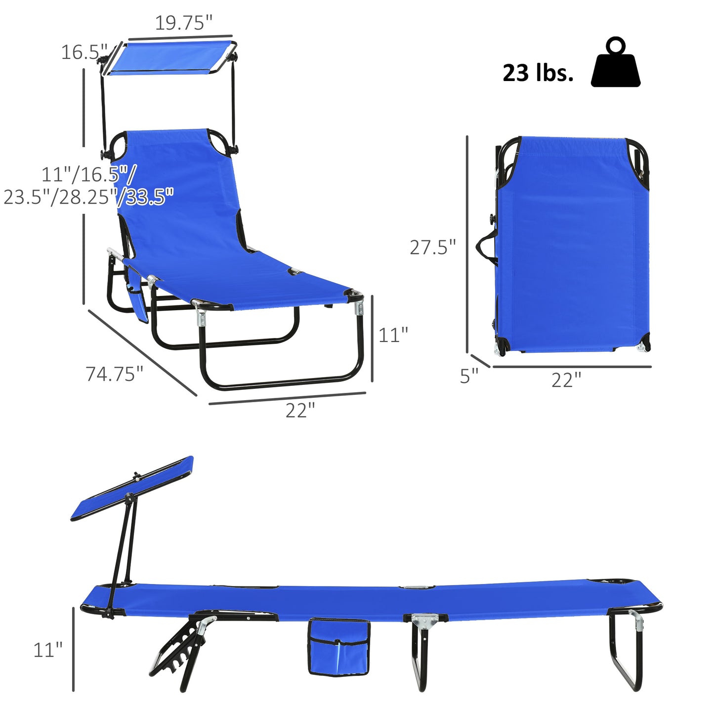 Folding Lounge Chairs Set of 2 with Sunshade - Blue