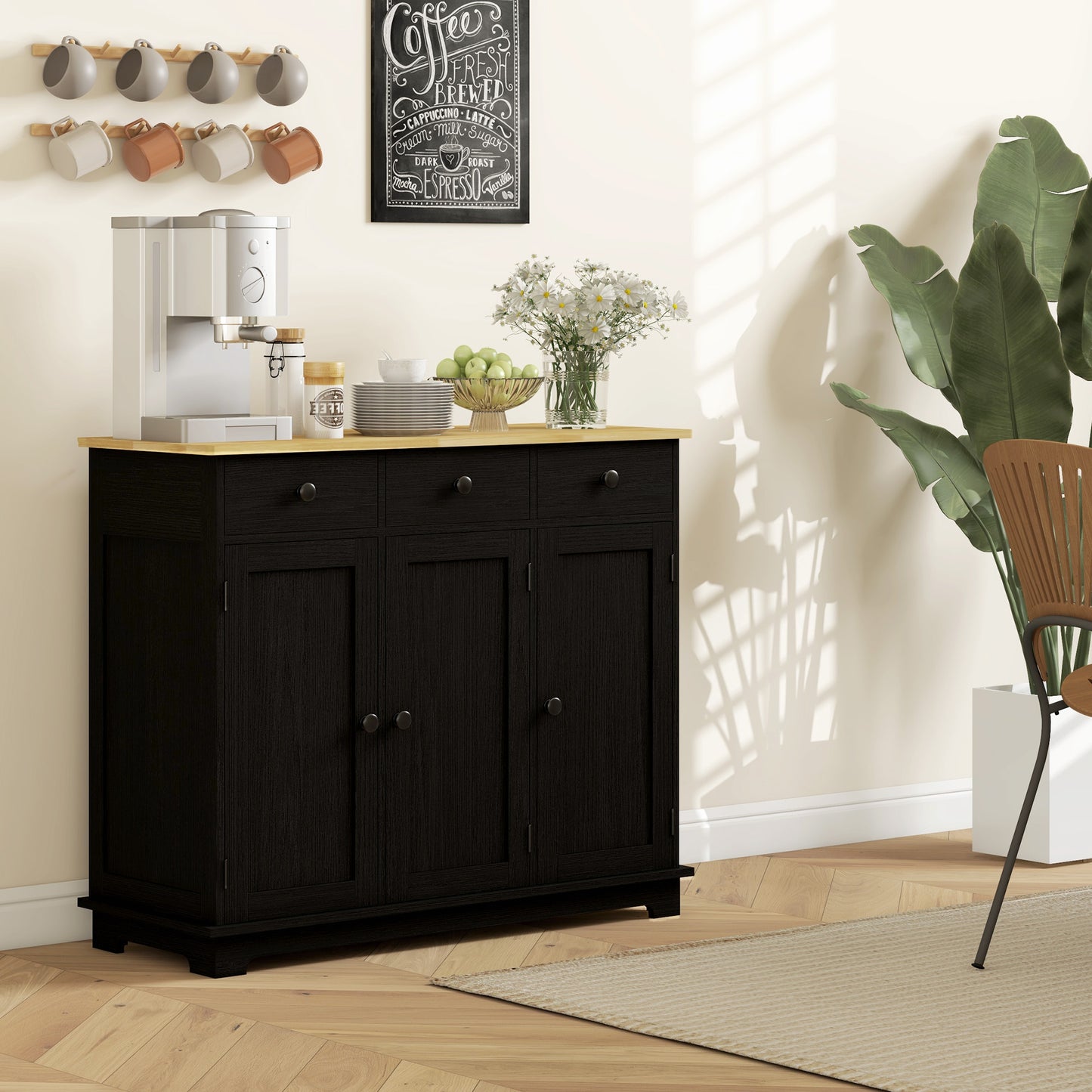 Kitchen Storage Cabinet with Solid Wood Top, 3 Drawers, Black