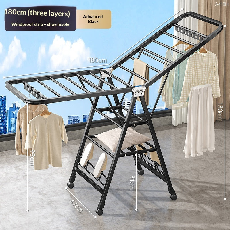 Black Foldable Clothes Drying Rack with Windproof Shoe Holder – 1.8m Indoor Laundry Organizer
