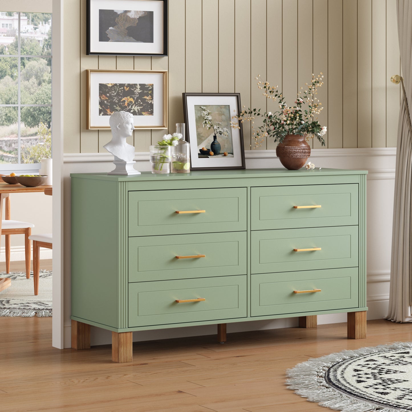 6-Drawer Double Dresser - Sage Green Modern Storage Cabinet