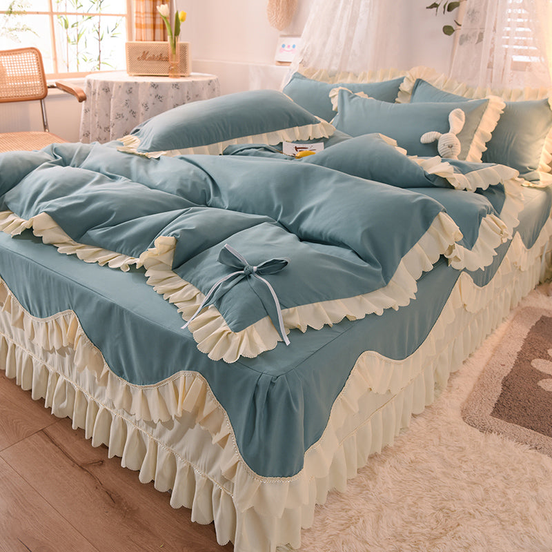 Luxury Four-Piece Lotus Leaf Lace Bed Sheet Duvet Cover Set with Bed Skirt
