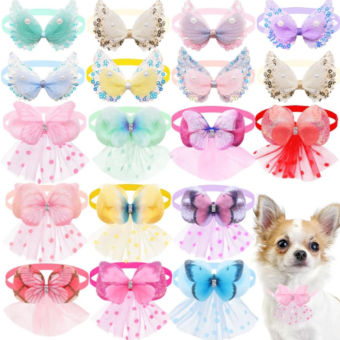 20Pcs Pet Bow Collars Set for Small Dogs & Cats - Multicolor Grooming Accessories