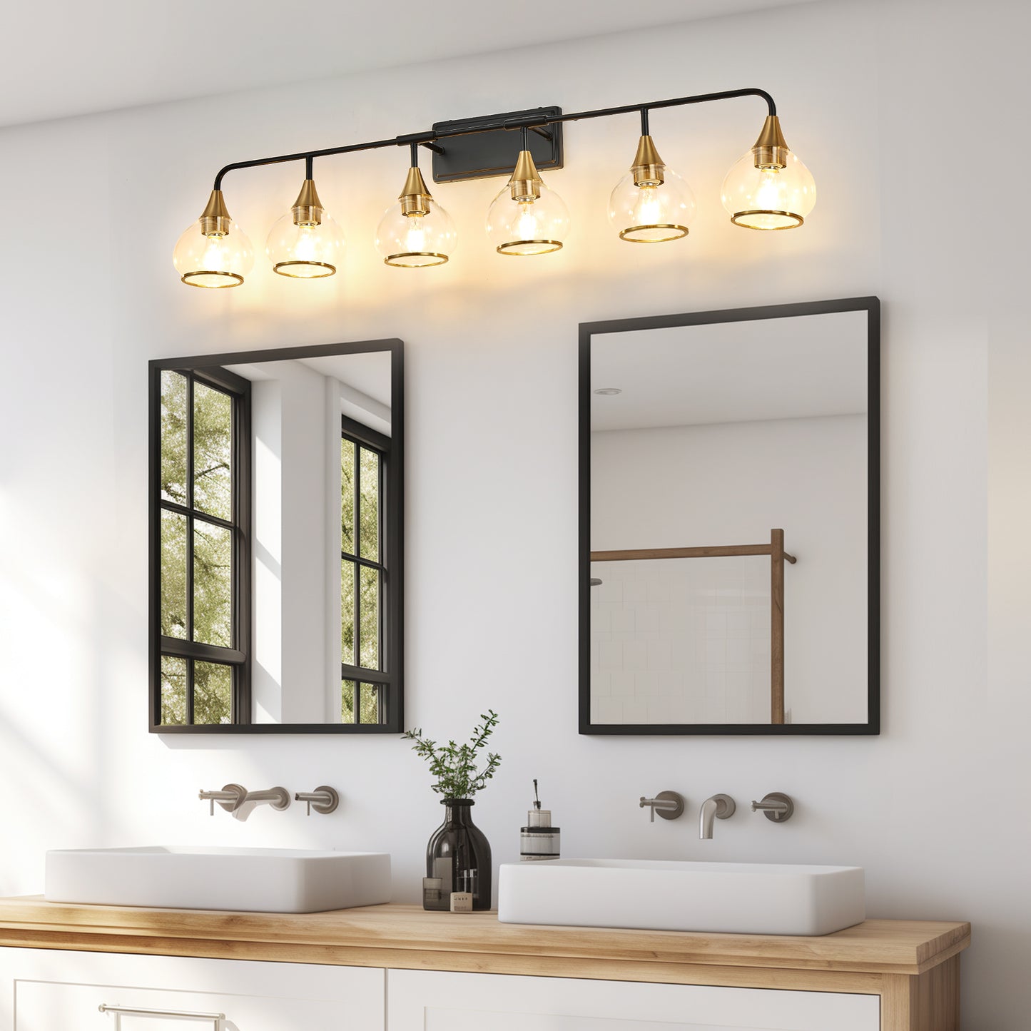 48-Inch Modern Industrial Wall Sconce with Clear Glass Shades - Black & Gold Bathroom Light Fixture, 6 Bulb E26 Compatible